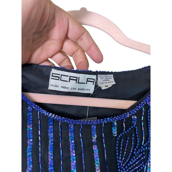 Vintage‎ Scala Sequin Beaded Blouse Blue Y2K Millennial Size Small Floral Leaf - Picture 4 of 10